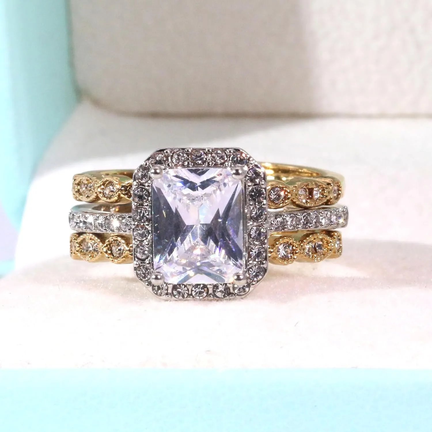 ringheart Couple Rings 4pcs Matching Rings 1ct AAA CZ Yellow Gold Plated Women Wedding Ring Sets for Him and Her