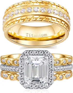 ringheart Couple Rings 4pcs Matching Rings 1ct AAA CZ Yellow Gold Plated Women Wedding Ring Sets for Him and Her