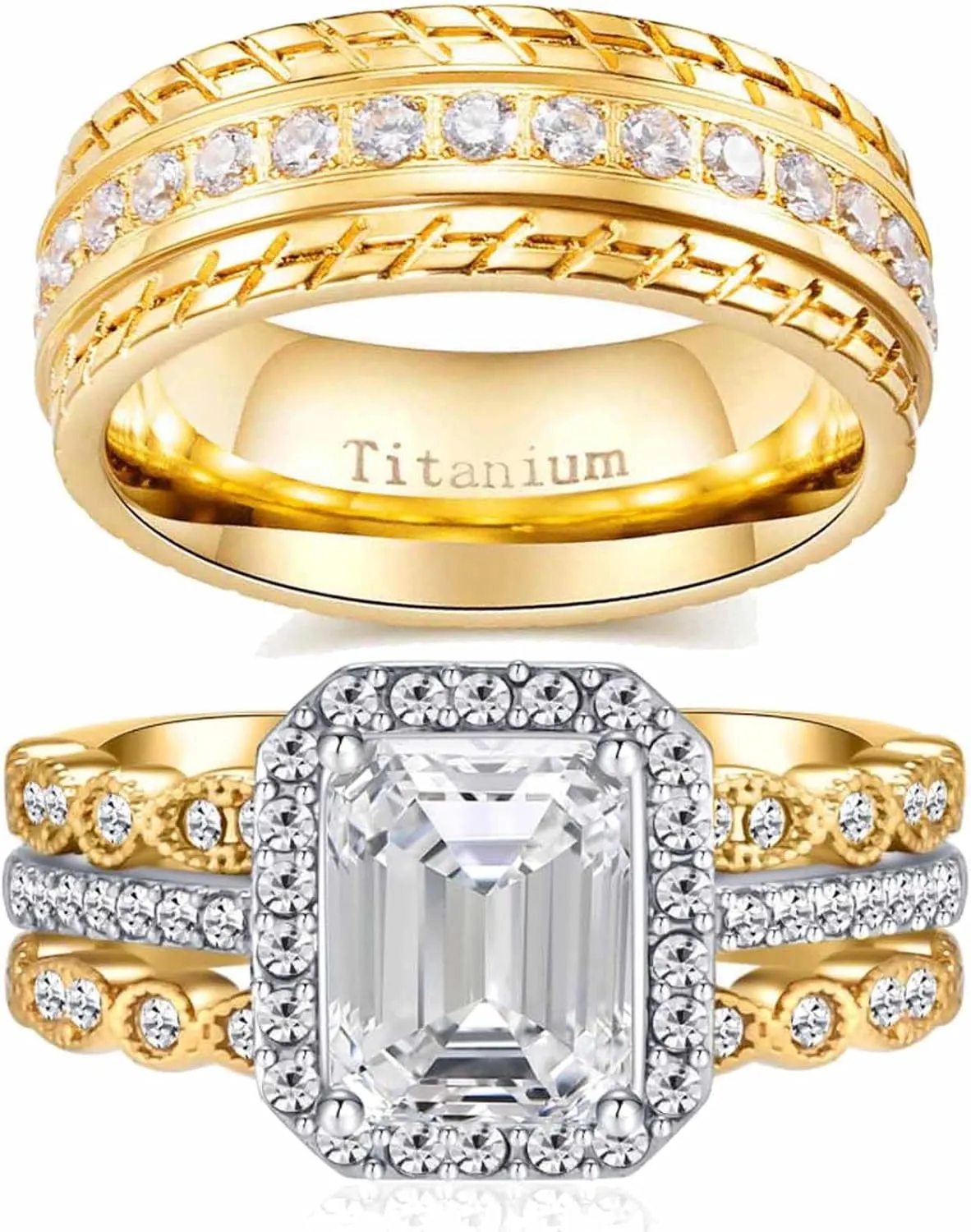 ringheart Couple Rings 4pcs Matching Rings 1ct AAA CZ Yellow Gold Plated Women Wedding Ring Sets for Him and Her