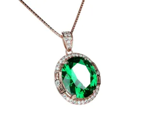 Rose Gold Coated Sterling Silver Oval Cut Green Emerald Pendant - 4.7 CT Large Emerald Necklace -