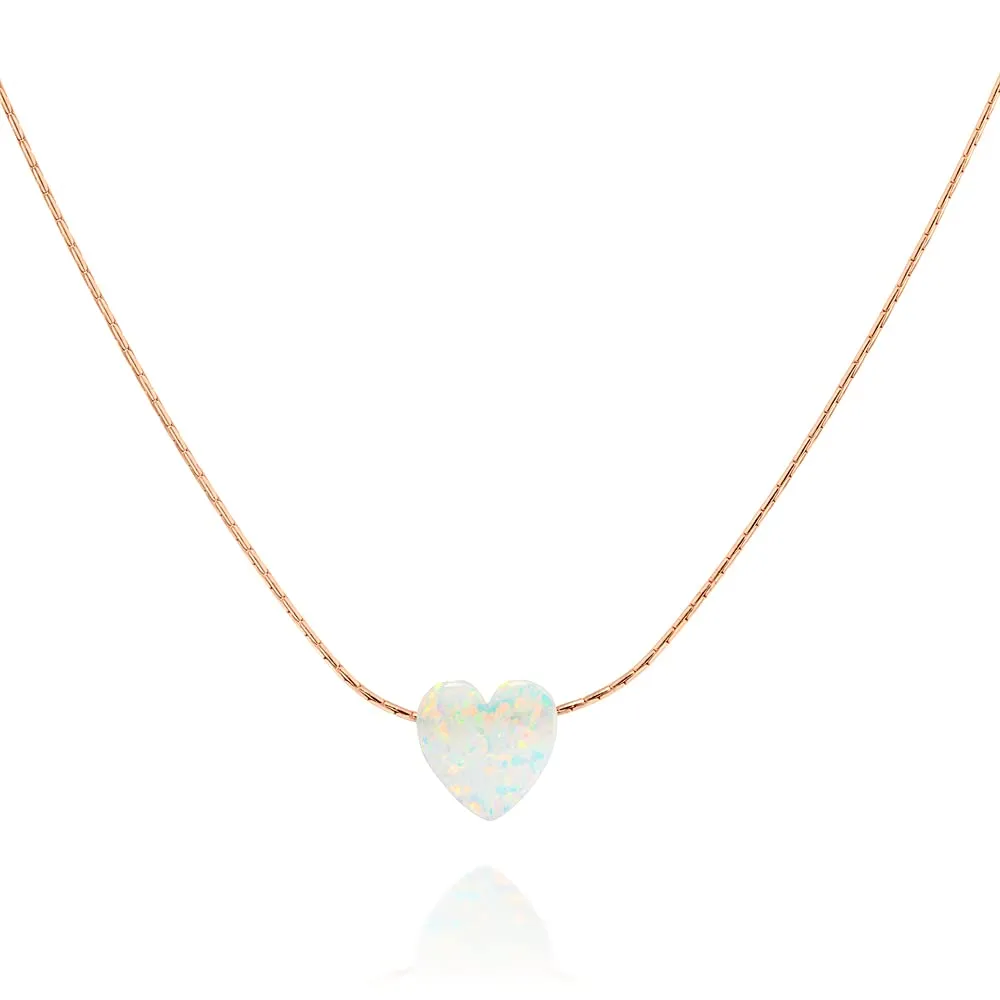 Rose Gold Filled White Opal Heart Choker Necklace - Designer Handmade Delicate Collar Chain for Women - Length: 13.5 inch   3 inch Extender (rose gold, white)