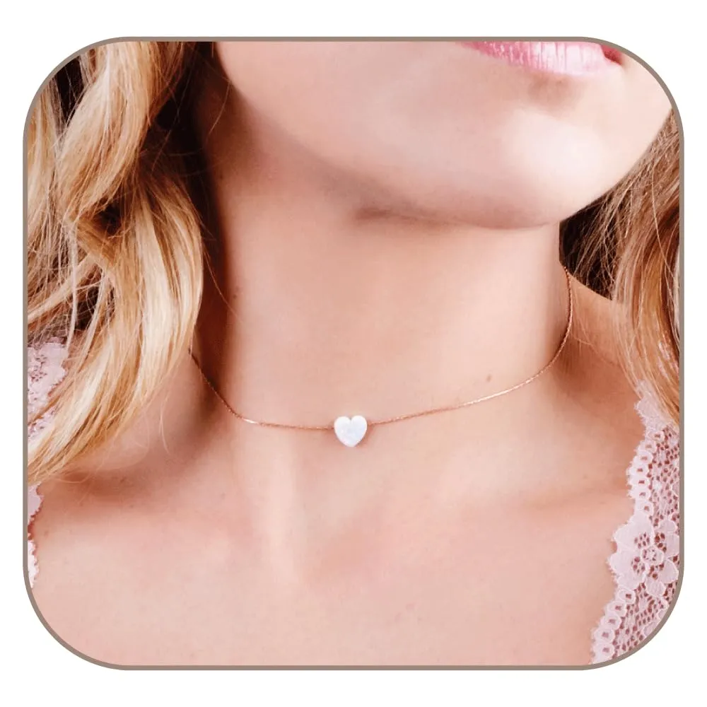 Rose Gold Filled White Opal Heart Choker Necklace - Designer Handmade Delicate Collar Chain for Women - Length: 13.5 inch   3 inch Extender (rose gold, white)