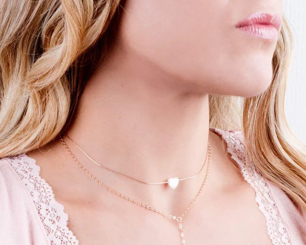 Rose Gold Filled White Opal Heart Choker Necklace - Designer Handmade Delicate Collar Chain for Women - Length: 13.5 inch   3 inch Extender (rose gold, white)