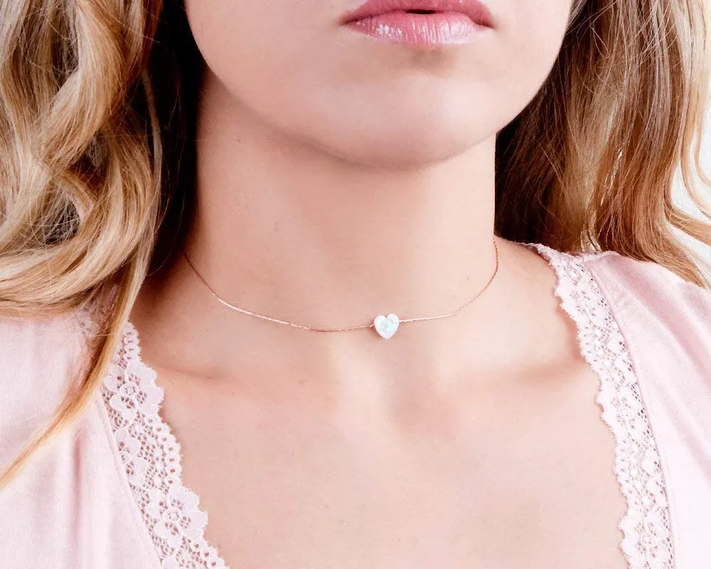 Rose Gold Filled White Opal Heart Choker Necklace - Designer Handmade Delicate Collar Chain for Women - Length: 13.5 inch   3 inch Extender (rose gold, white)