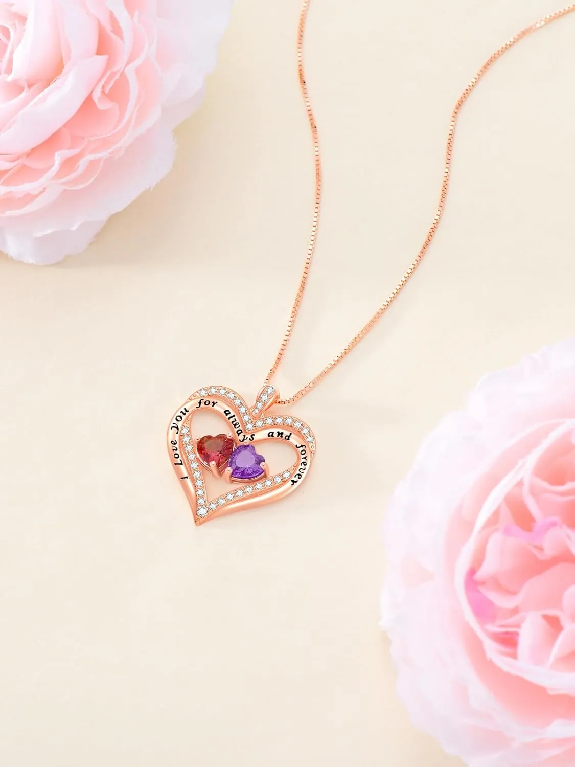 Rose Gold Heart Double Birthstone Necklace Gifts for Wife Girlfriend Her Women, Forever Love 12 Birthstone Jewelry Gemstone Birthday Mothers Day Gifts for Mom Grandma Her