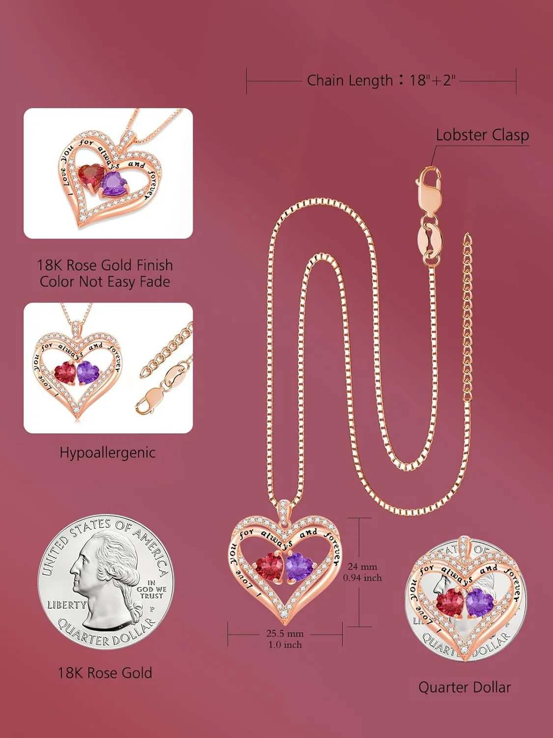 Rose Gold Heart Double Birthstone Necklace Gifts for Wife Girlfriend Her Women, Forever Love 12 Birthstone Jewelry Gemstone Birthday Mothers Day Gifts for Mom Grandma Her