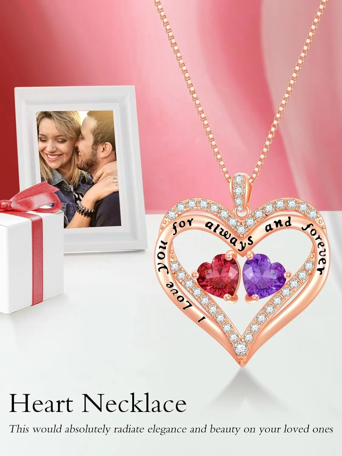 Rose Gold Heart Double Birthstone Necklace Gifts for Wife Girlfriend Her Women, Forever Love 12 Birthstone Jewelry Gemstone Birthday Mothers Day Gifts for Mom Grandma Her