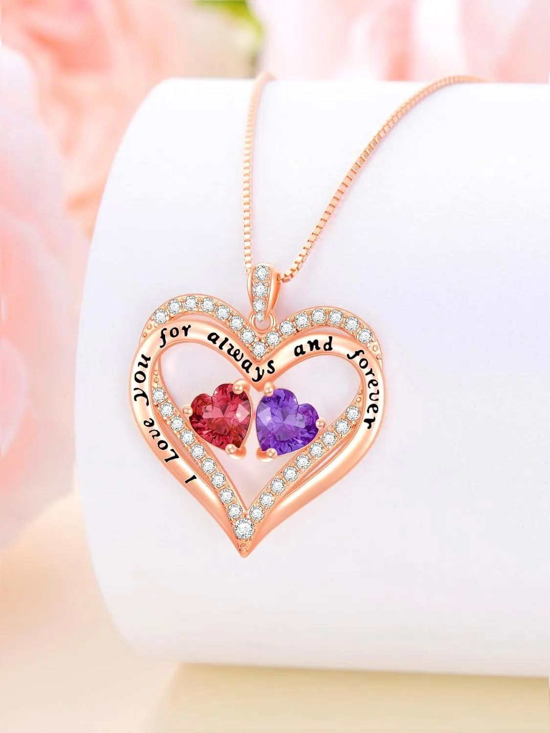 Rose Gold Heart Double Birthstone Necklace Gifts for Wife Girlfriend Her Women, Forever Love 12 Birthstone Jewelry Gemstone Birthday Mothers Day Gifts for Mom Grandma Her