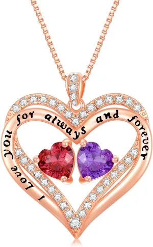 Rose Gold Heart Double Birthstone Necklace Gifts for Wife Girlfriend Her Women, Forever Love 12 Birthstone Jewelry Gemstone Birthday Mothers Day Gifts for Mom Grandma Her