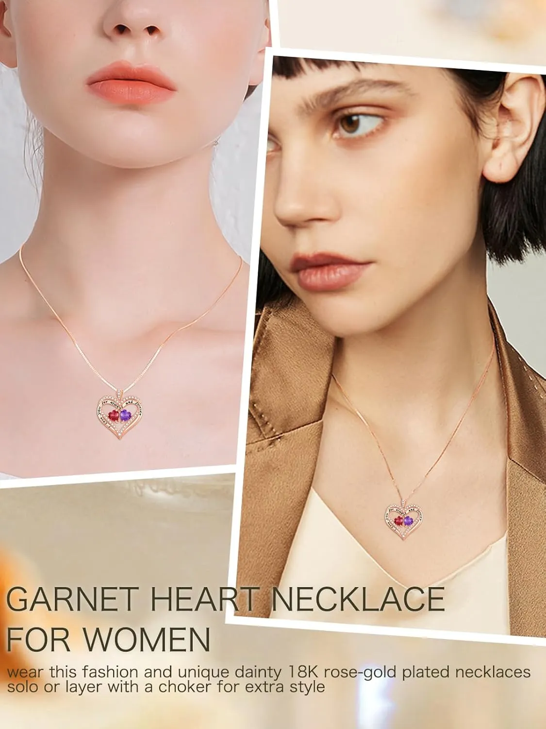 Rose Gold Heart Double Birthstone Necklace Gifts for Wife Girlfriend Her Women, Forever Love 12 Birthstone Jewelry Gemstone Birthday Mothers Day Gifts for Mom Grandma Her
