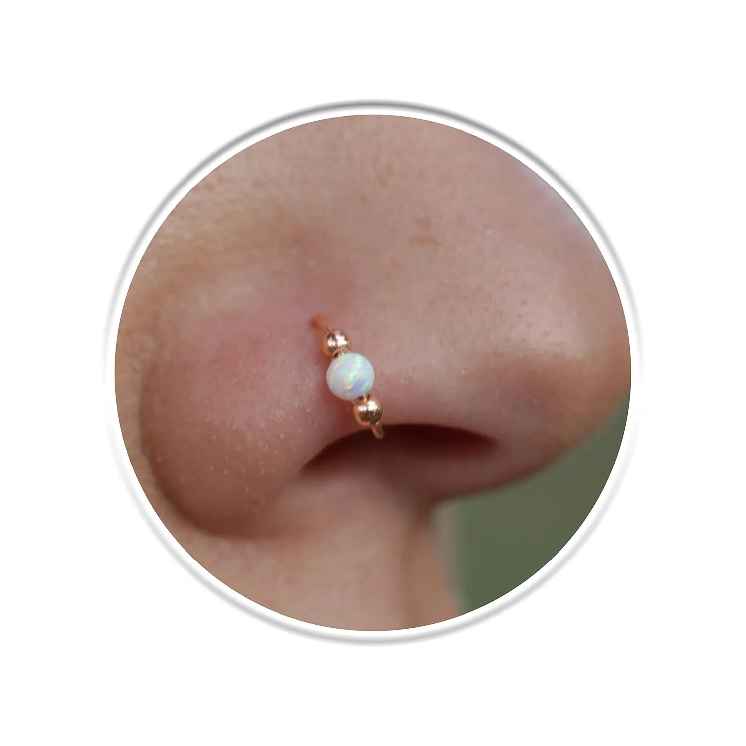 Rose Gold Nose Ring 20 Gauge - White Opal Nose Hoop 14k Rose Gold Filled - Adjustable Handmade Nose Jewelry