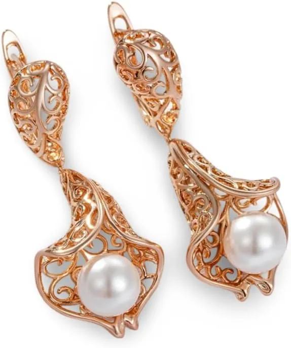 Rose Gold Plated Copper Retro Filigree Dangle Earrings for Women, White Faux Pearl Accent