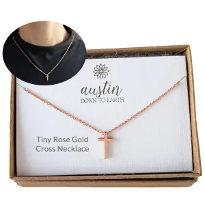 Rose Gold Tiny Cross Necklace, Dainty Cross Necklace, Small, Mini, Layered Pendant Austin Down to Earth (Adj 16-18 inches)