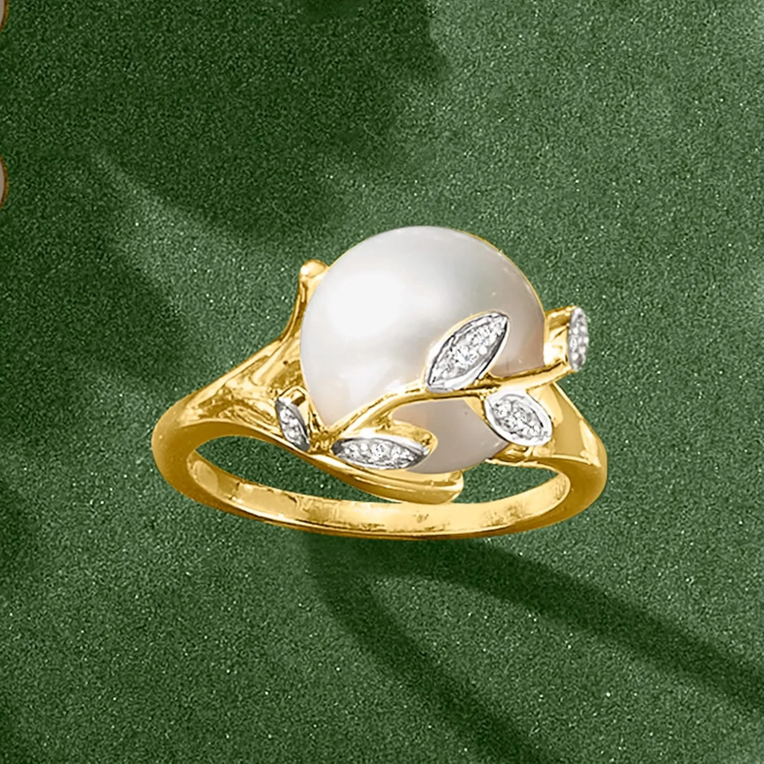Ross-Simons 11-11.5mm Cultured Pearl Leaf Ring With Diamonds in 18kt Gold Over Sterling