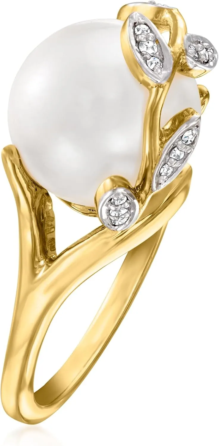 Ross-Simons 11-11.5mm Cultured Pearl Leaf Ring With Diamonds in 18kt Gold Over Sterling