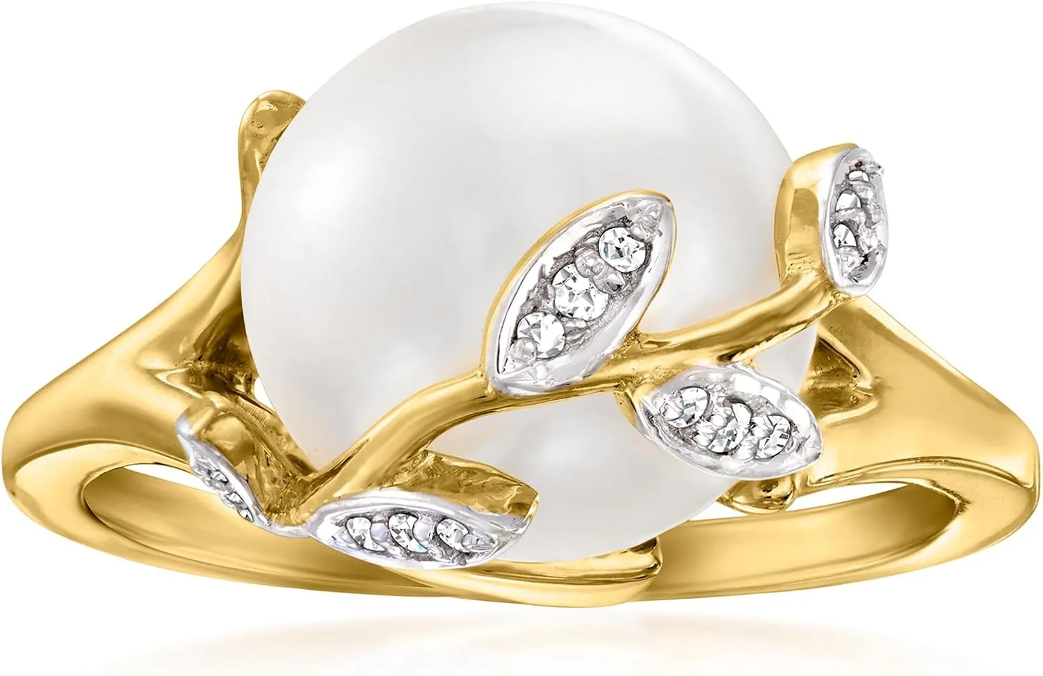 Ross-Simons 11-11.5mm Cultured Pearl Leaf Ring With Diamonds in 18kt Gold Over Sterling