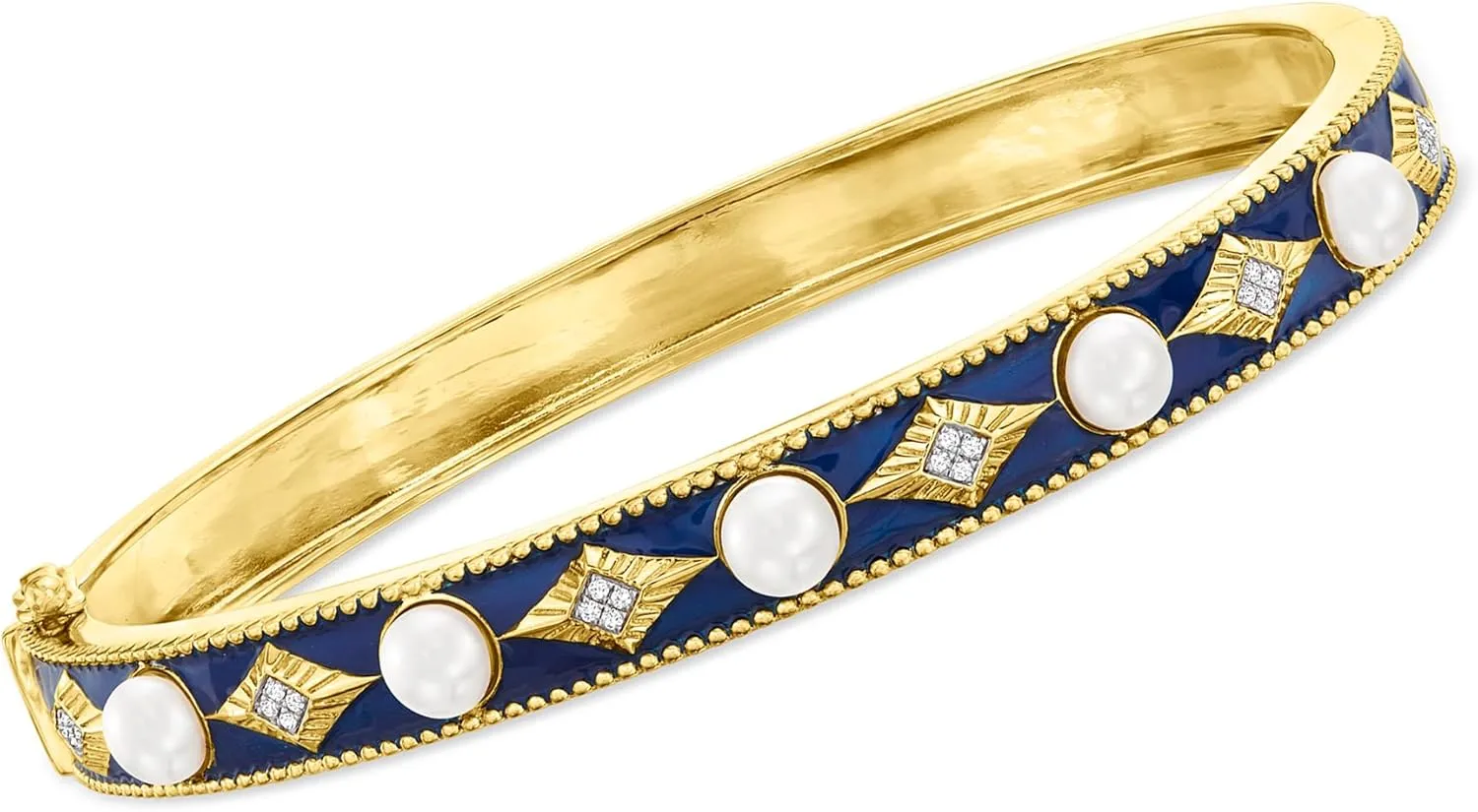 Ross-Simons 4.5-5mm Cultured Pearl Bangle Bracelet With Diamonds and Blue Enamel in 18kt Gold Over Sterling