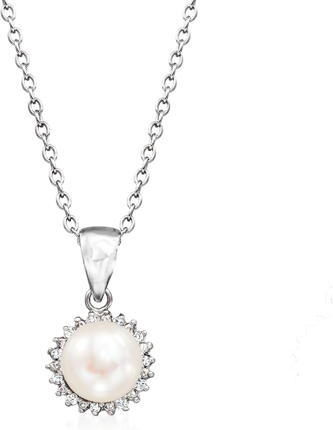 Ross-Simons 7-7.5mm Cultured Pearl Pendant Necklace With Diamonds in Sterling Silver. 18 inches