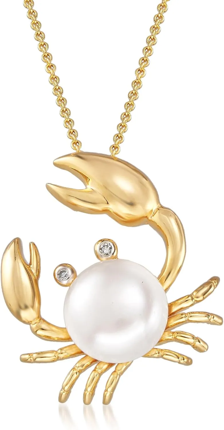 Ross-Simons 9mm Cultured Pearl Crab Pendant Necklace With Diamonds in 18kt Gold Over Sterling
