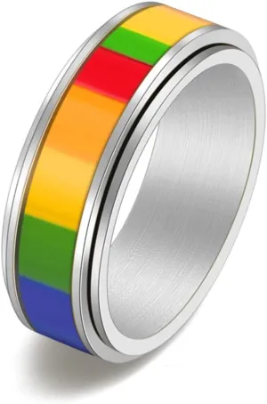 Rotatable Square Rainbow LGBT Pride Band Ring for Women Men Couples Anti Anxiety Stress Relief Fidget Spinner Ring Stainless Steel Love Is Love Statement Knuckle Ring Boyfriend Girlfriend Xmas New Year Gifts