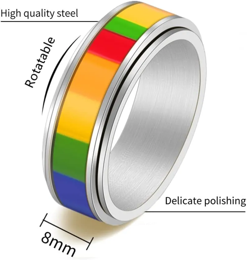 Rotatable Square Rainbow LGBT Pride Band Ring for Women Men Couples Anti Anxiety Stress Relief Fidget Spinner Ring Stainless Steel Love Is Love Statement Knuckle Ring Boyfriend Girlfriend Xmas New Year Gifts