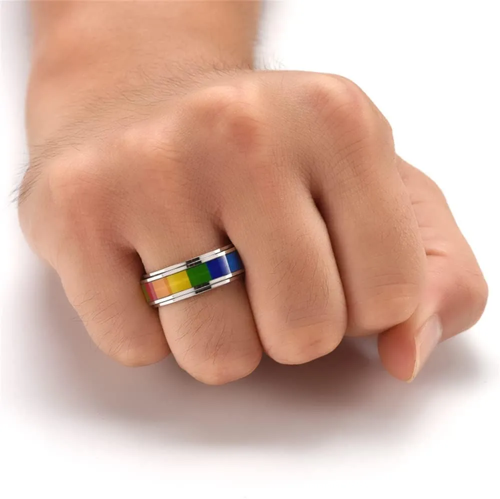 Rotatable Square Rainbow LGBT Pride Band Ring for Women Men Couples Anti Anxiety Stress Relief Fidget Spinner Ring Stainless Steel Love Is Love Statement Knuckle Ring Boyfriend Girlfriend Xmas New Year Gifts