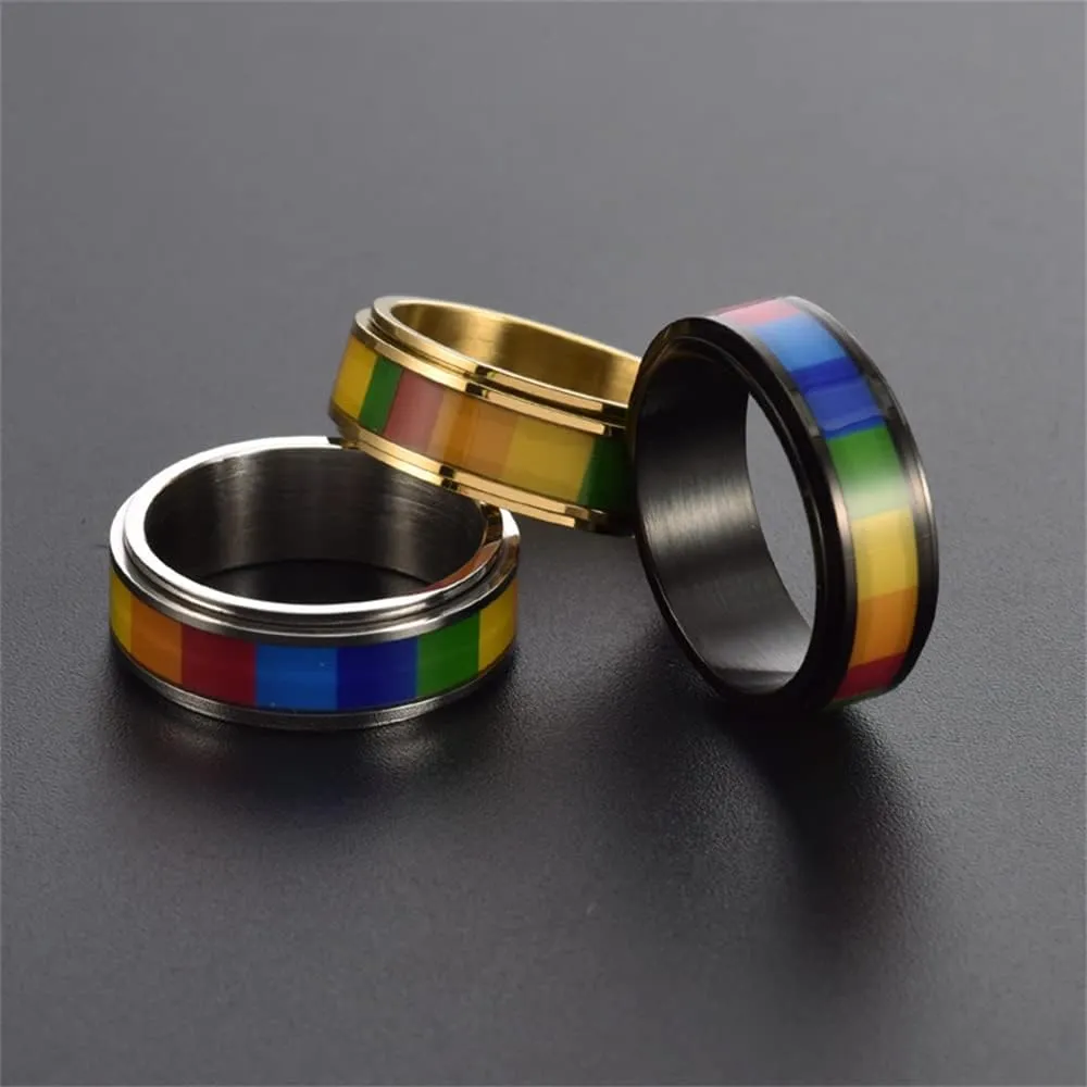 Rotatable Square Rainbow LGBT Pride Band Ring for Women Men Couples Anti Anxiety Stress Relief Fidget Spinner Ring Stainless Steel Love Is Love Statement Knuckle Ring Boyfriend Girlfriend Xmas New Year Gifts