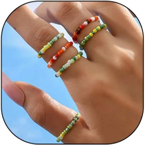 Rrdaily Cute Acrylic Beads Rings Set for Women Fun Knuckle Finger Stacking Rings Boho Beaded Elastic Ring Colorful Resin Plastic Ring Y2k Jewelry Aesthetic