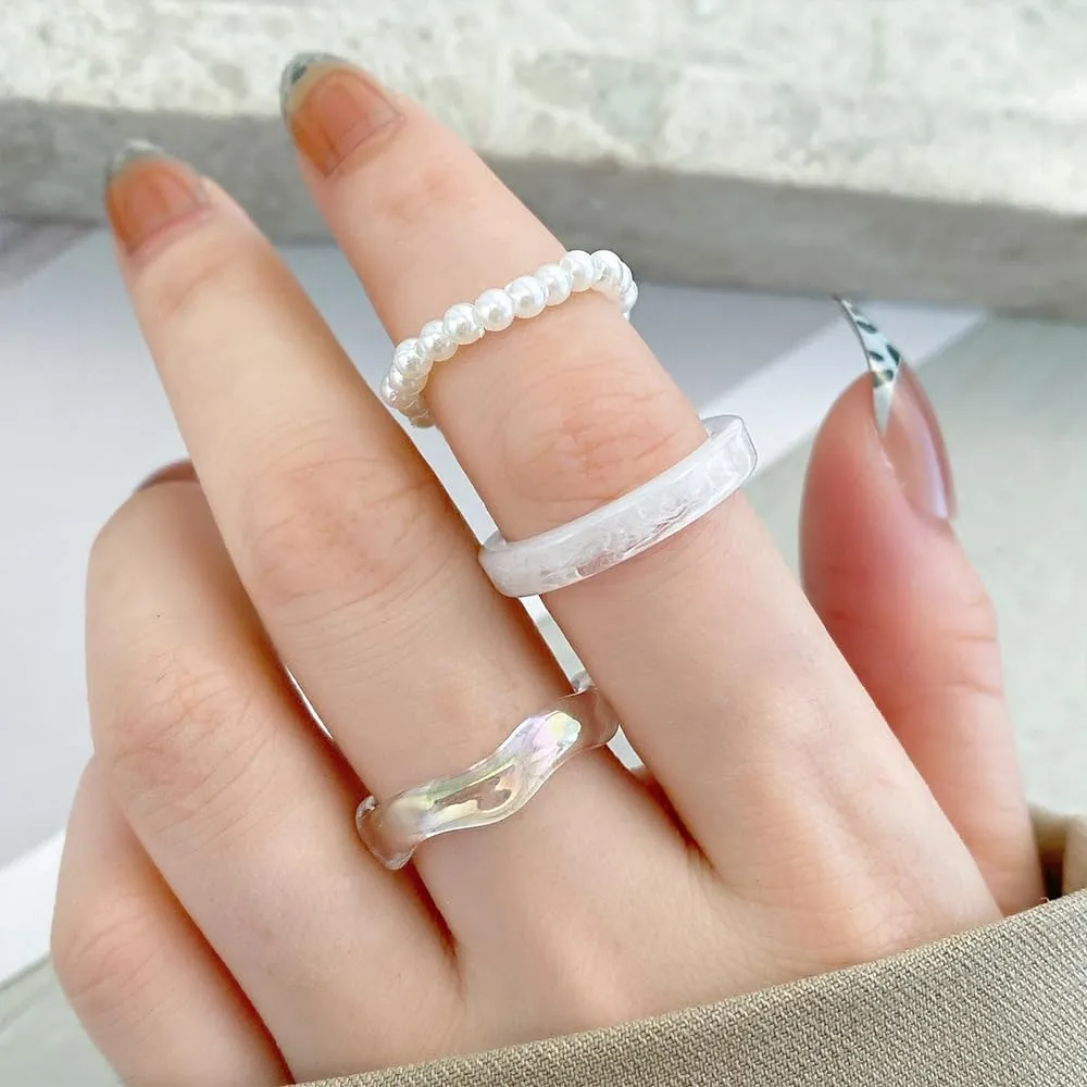 Rrdaily Cute Colorful Acrylic Pearl Beads Ring Set for Women,Sweet Resin Irregular Stacking Knuckle Ring Set,Delicate Preppy Style Daily Jewelry Gifts