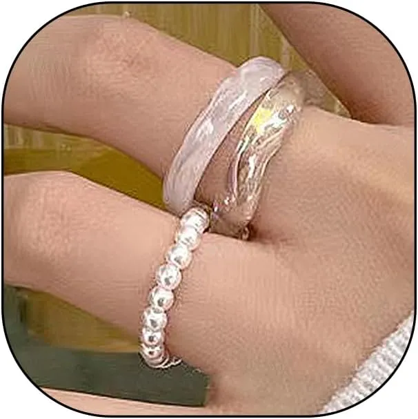 Rrdaily Cute Colorful Acrylic Pearl Beads Ring Set for Women,Sweet Resin Irregular Stacking Knuckle Ring Set,Delicate Preppy Style Daily Jewelry Gifts