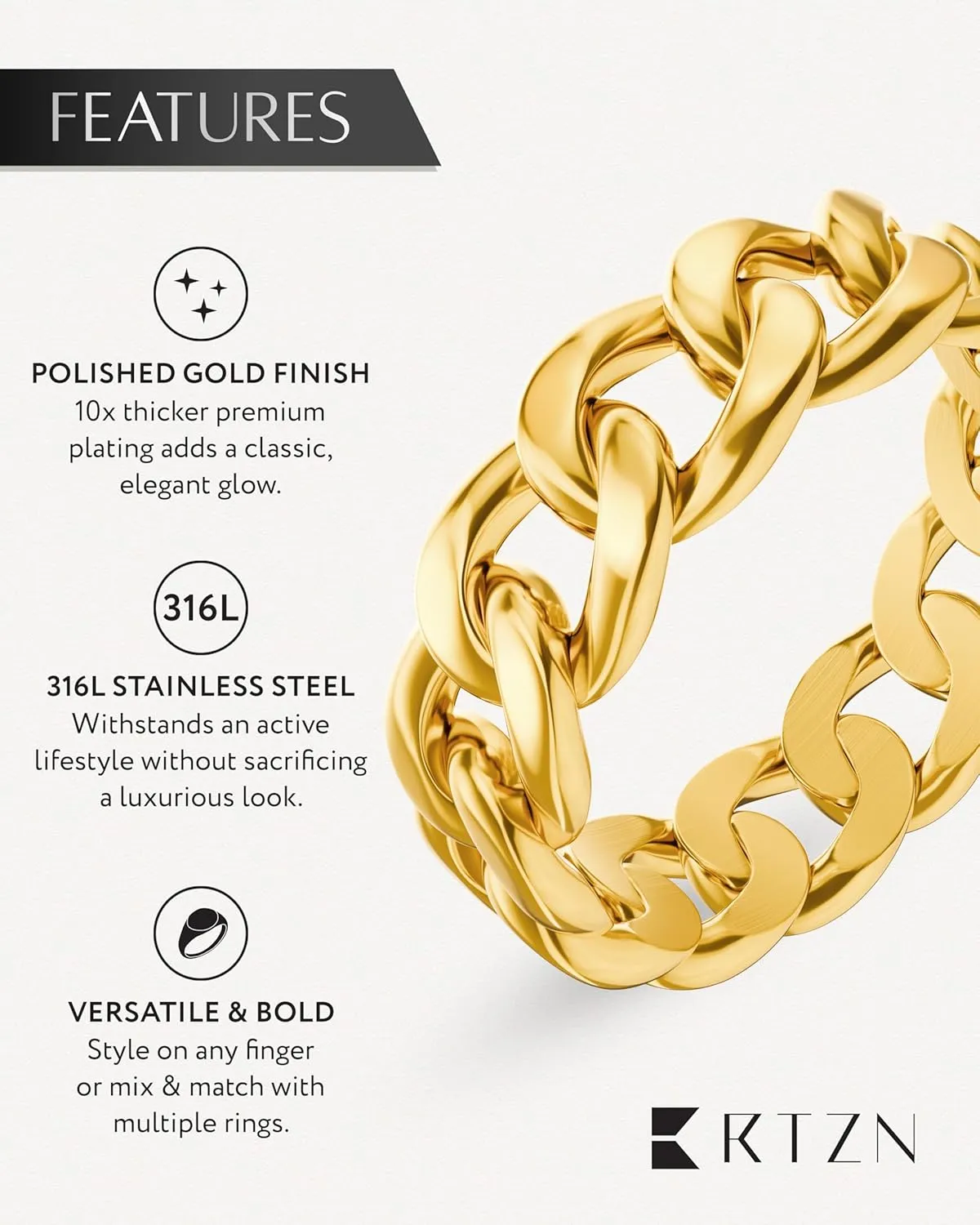 RTZN Cuban Link Ring for Men  6MM Premium Stainless Steel Gold/Silver Chain Ring for Men and Women  100% Waterproof & Non-Tarnish Mens Chain Link Rings (Size: 6-12)
