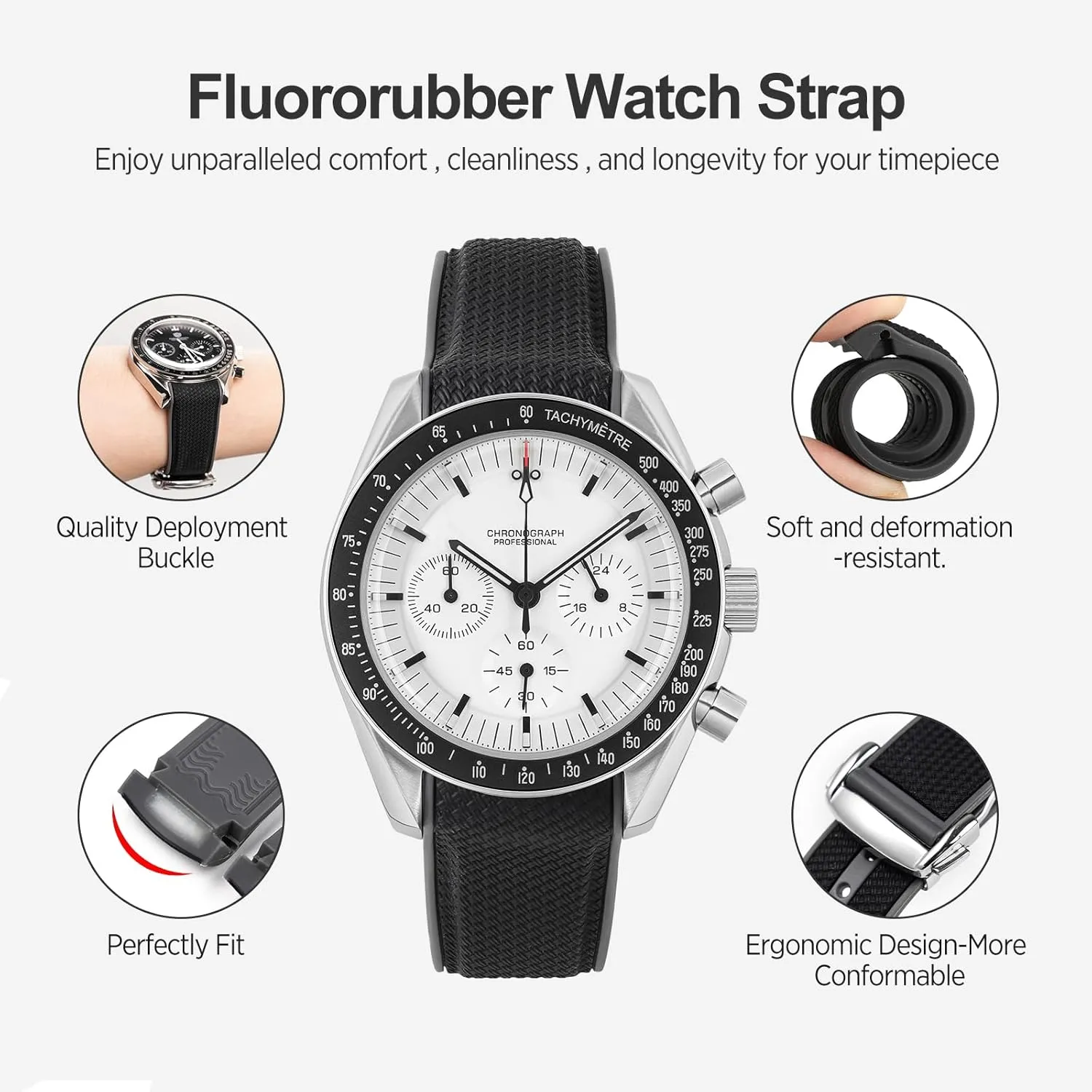 Rubber Bands for Moonswatch Watch, Curved End Rubber Strap Compatible with Omega X Swatch Moonswatch Speedmaster Diver and More 20mm Watch Replacement Band, Deployment Buckle Men Women