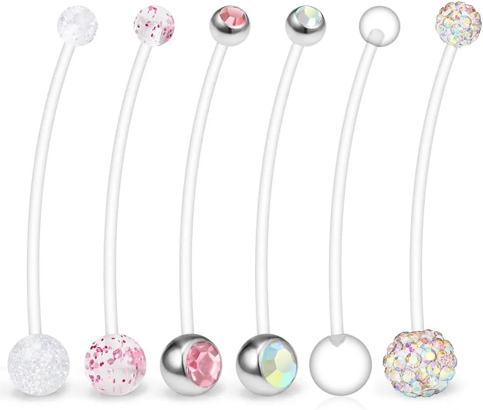 Ruifan 6PCS Mix Style Pregnancy Sport Maternity Flexible Bioplast Belly Navel Button Ring Retainer 14G 1 1/2Inch (38mm) - New Pink