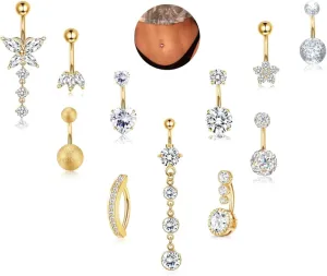 sailimue Gold Belly Button Ring - Surgical Stainless Steel 14G Navel Belly Button Piercing Jewelry Hypoallergenic Dangle Belly Rings for Women Silver/Gold 11Pcs