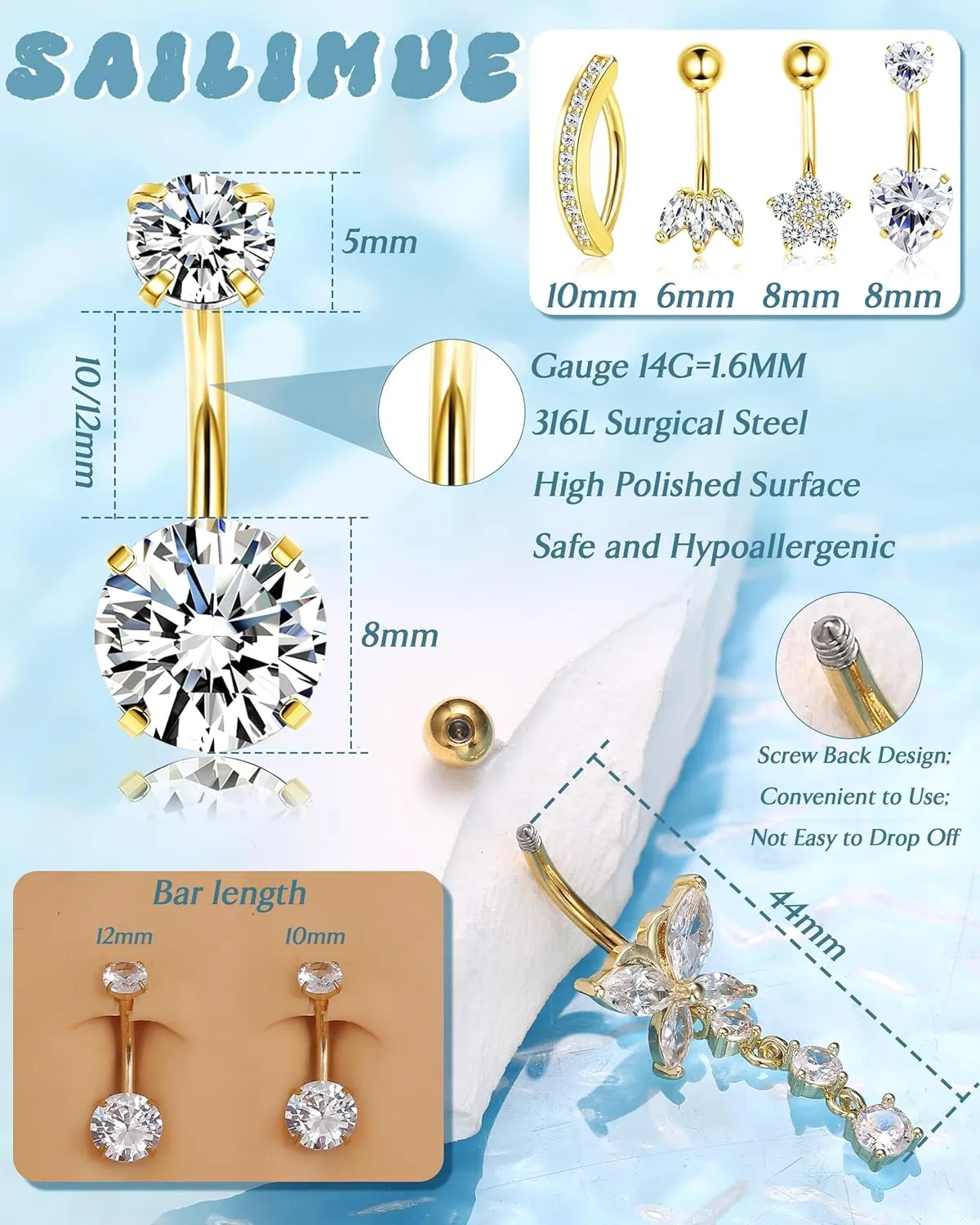 sailimue Gold Belly Button Ring - Surgical Stainless Steel 14G Navel Belly Button Piercing Jewelry Hypoallergenic Dangle Belly Rings for Women Silver/Gold 11Pcs