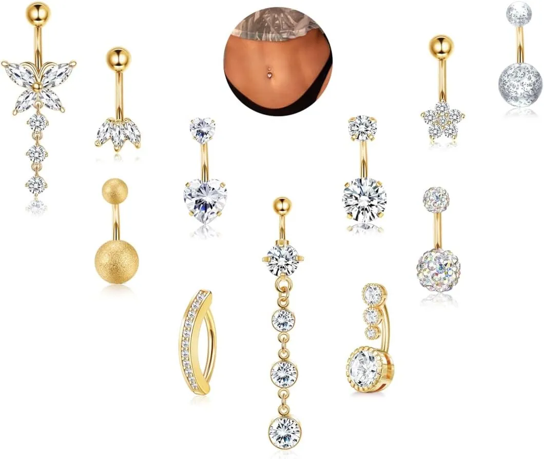sailimue Gold Belly Button Ring - Surgical Stainless Steel 14G Navel Belly Button Piercing Jewelry Hypoallergenic Dangle Belly Rings for Women Silver/Gold 11Pcs