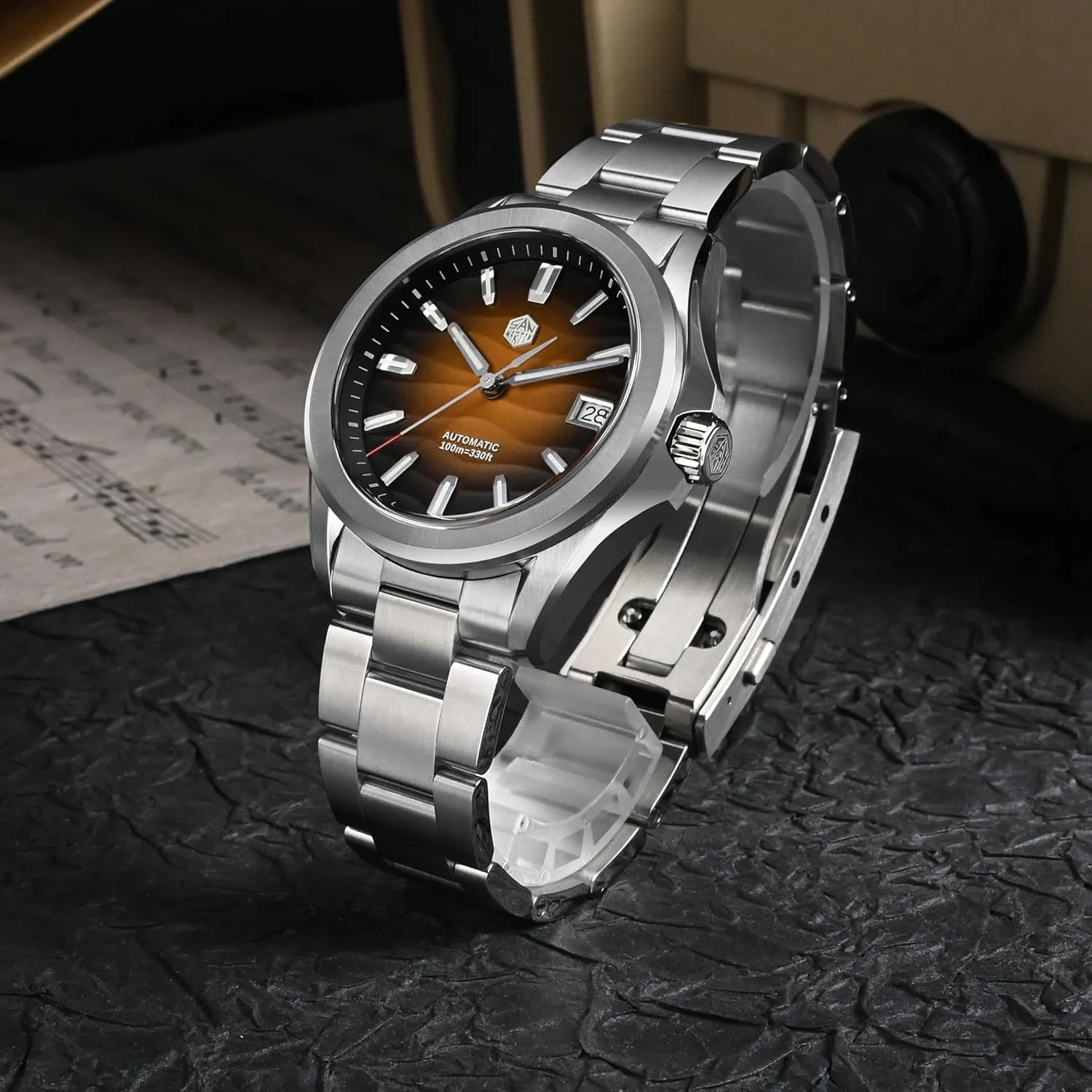 San Martin Men Watch SN0129GC, 39 mm Desert Texture Men Dress Watch, 10 Bar Waterproof Diver Watch, NH35A Automatic Mechanical Stainless Teel Wrist Watches