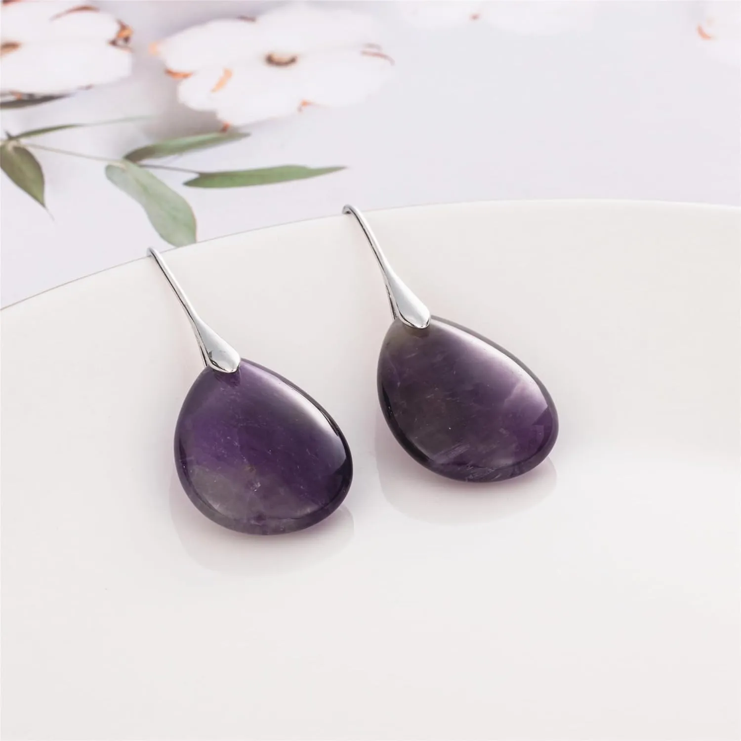 SELOVO Agate Teardrop Stone Grey Drop Earrings Fishhook Dangle Earrings Silver Tone
