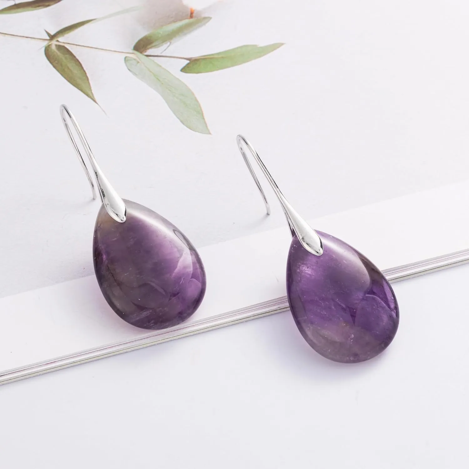 SELOVO Agate Teardrop Stone Grey Drop Earrings Fishhook Dangle Earrings Silver Tone
