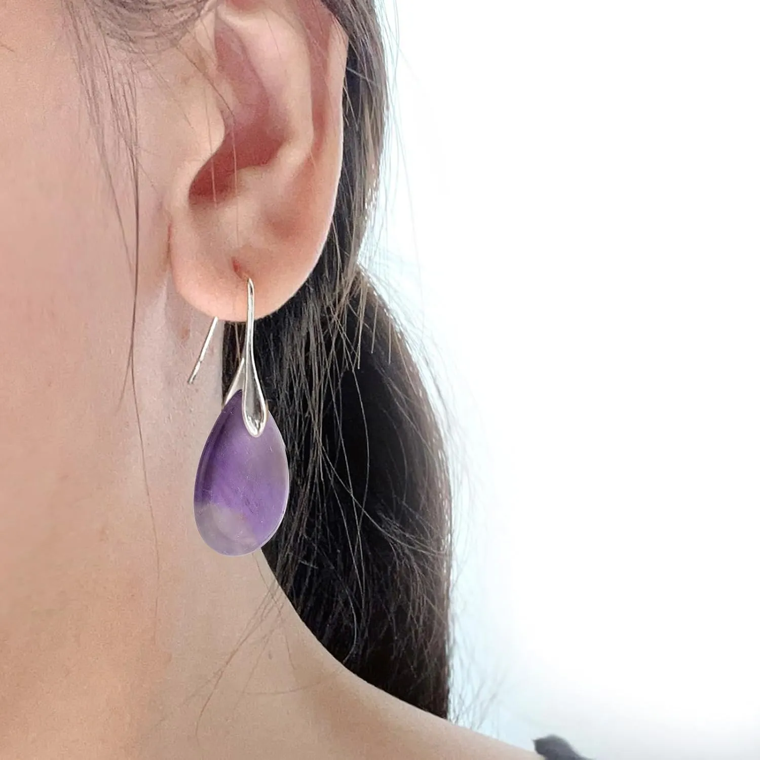 SELOVO Agate Teardrop Stone Grey Drop Earrings Fishhook Dangle Earrings Silver Tone