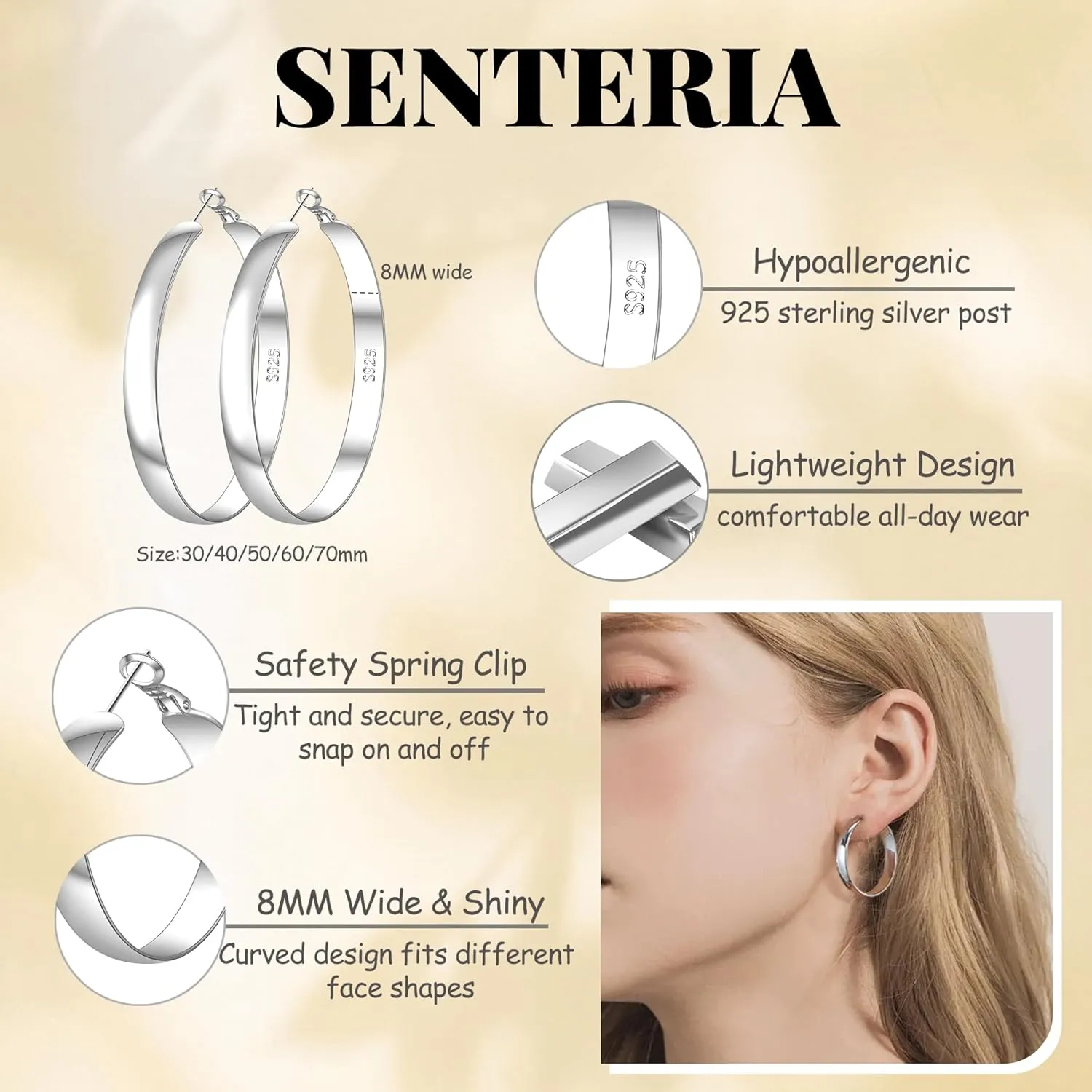 SENTERIA Gold Hoop Earrings for Women, 8mm Wide Curved Sterling Silver Hoop Earrings Hypoallergenic 925 Sterling Silver Hoops Earring Lightweight 14k Gold Plated Hoops Earring 30/40/50/60/70mm