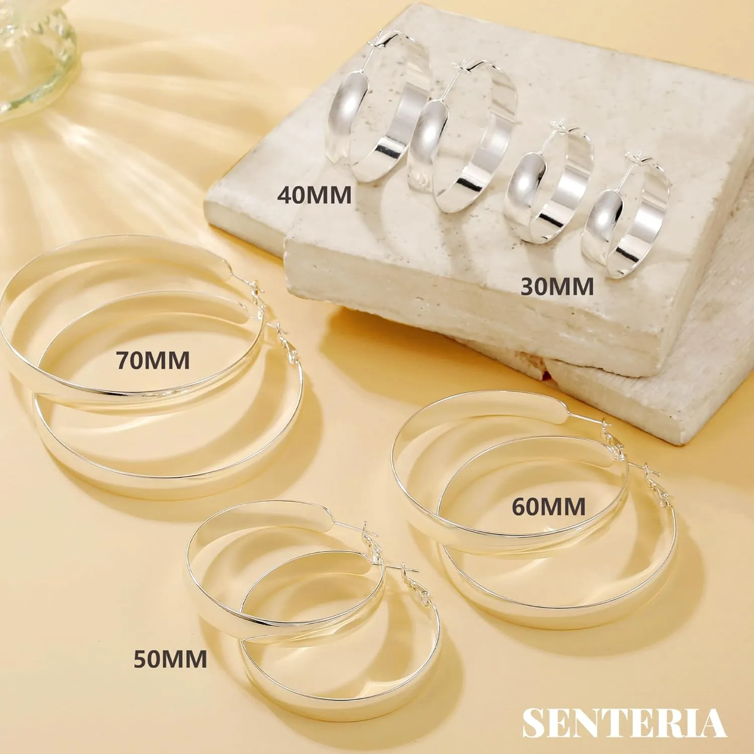 SENTERIA Gold Hoop Earrings for Women, 8mm Wide Curved Sterling Silver Hoop Earrings Hypoallergenic 925 Sterling Silver Hoops Earring Lightweight 14k Gold Plated Hoops Earring 30/40/50/60/70mm