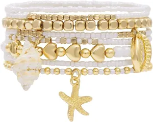 Shell Bracelet Boho Beaded Stretch Bracelets for Women Seashell Summer Beach Bracelets Starfish Charm Bracelet Stackable Gold Pearl Beads Bracelets for Women Jewelry Accessories Gifts