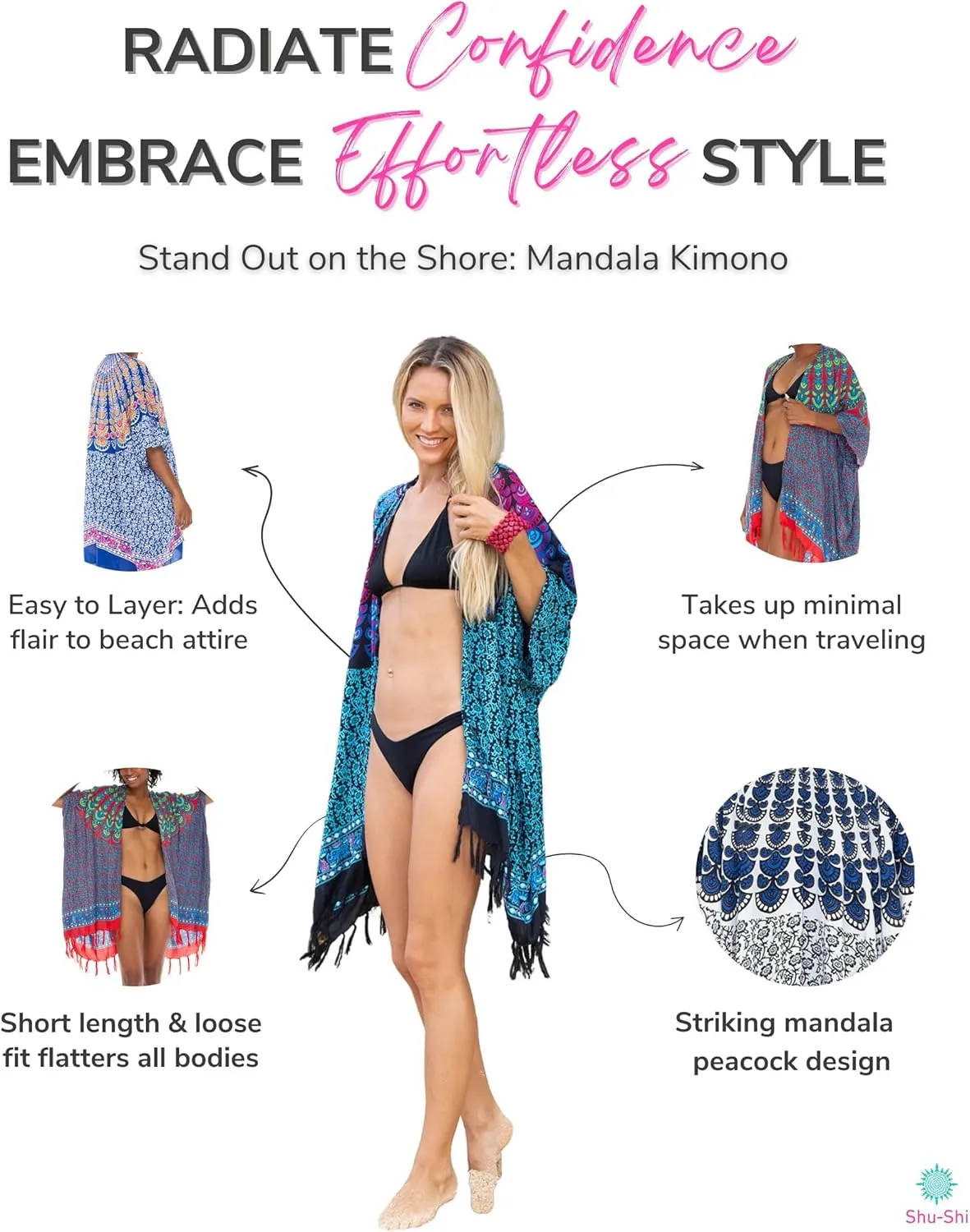 SHU-SHI Kimono Cardigans for Women Short Beach Robe Boho Fringe Peacock Mandala