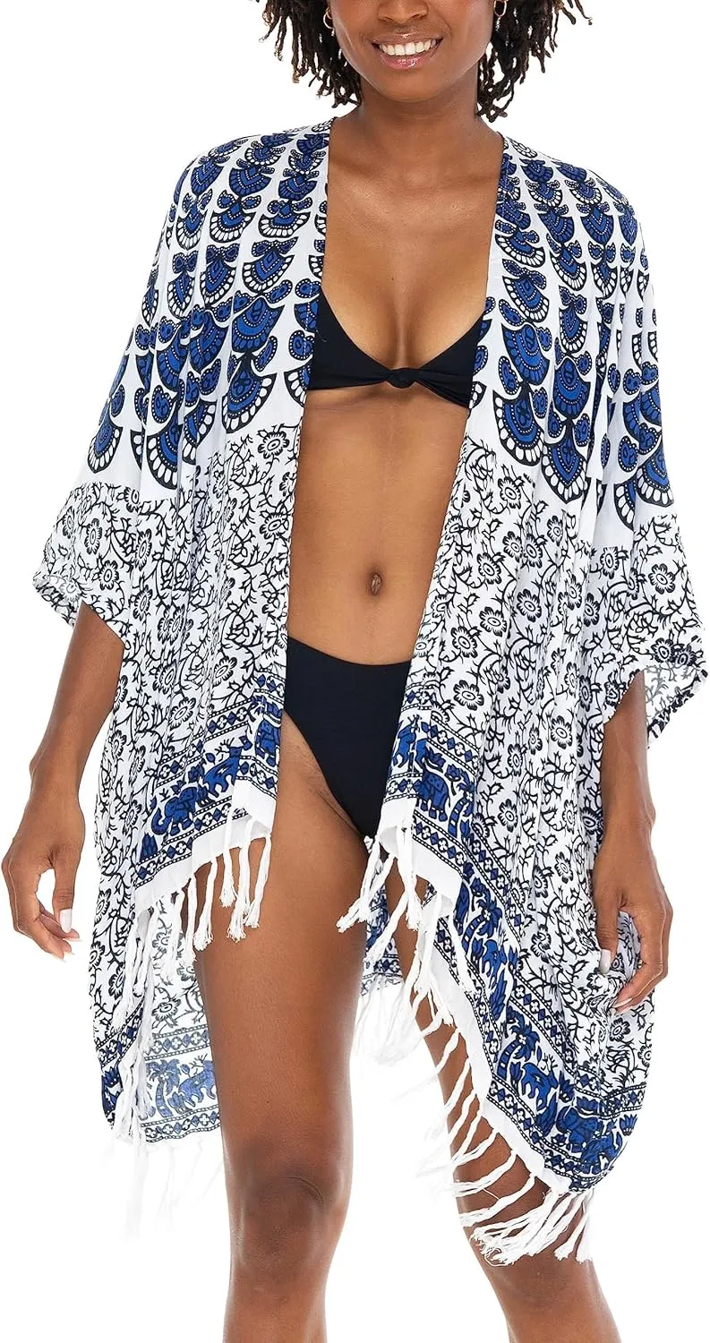 SHU-SHI Kimono Cardigans for Women Short Beach Robe Boho Fringe Peacock Mandala