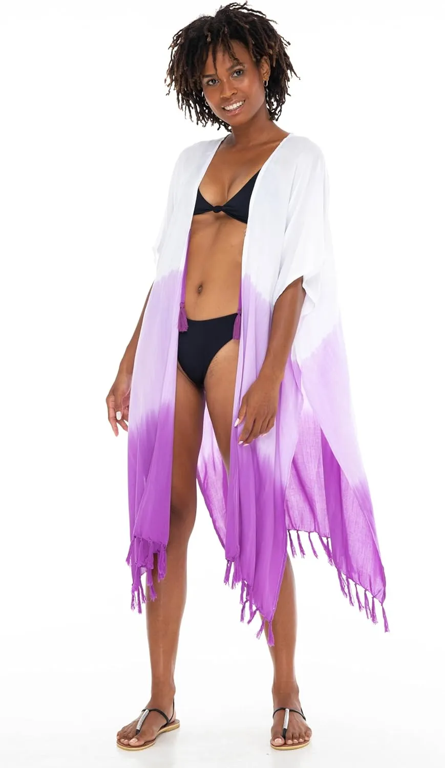 SHU-SHI Womens Kimono Cardigan Fringe Ombre Swimwear Extra Wide Flowy Robe Beach Cover Up Open Front