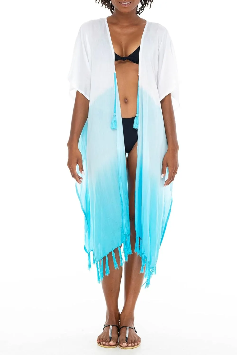 SHU-SHI Womens Kimono Cardigan Fringe Ombre Swimwear Extra Wide Flowy Robe Beach Cover Up Open Front