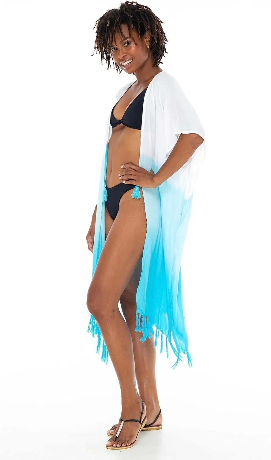 SHU-SHI Womens Kimono Cardigan Fringe Ombre Swimwear Extra Wide Flowy Robe Beach Cover Up Open Front