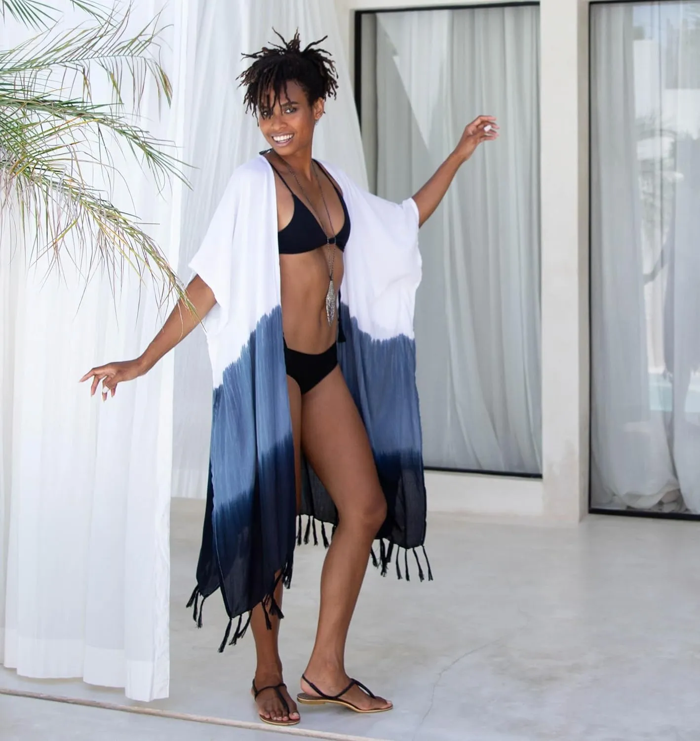 SHU-SHI Womens Kimono Cardigan Fringe Ombre Swimwear Extra Wide Flowy Robe Beach Cover Up Open Front
