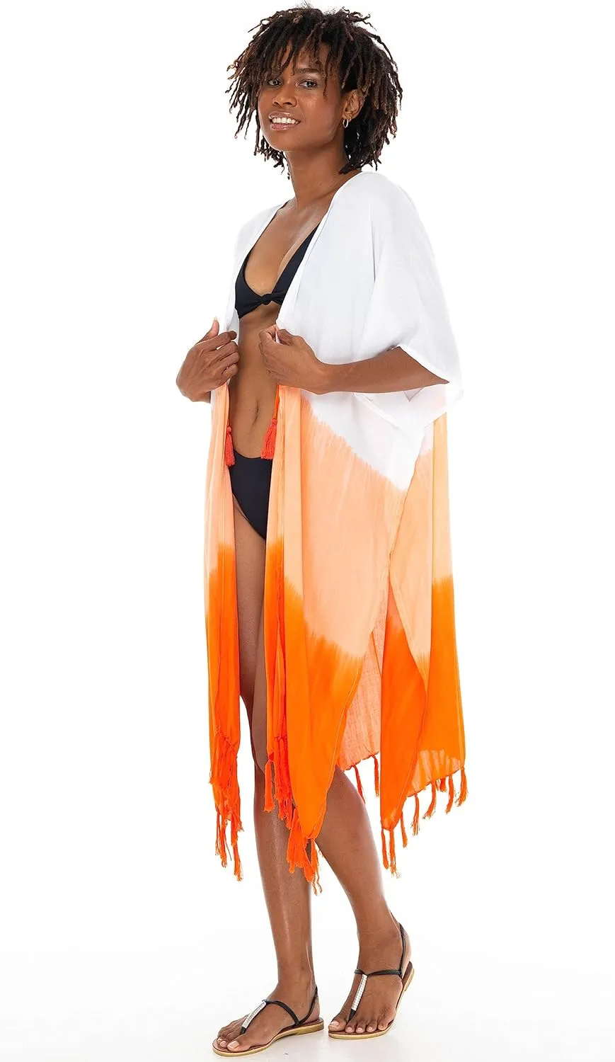 SHU-SHI Womens Kimono Cardigan Fringe Ombre Swimwear Extra Wide Flowy Robe Beach Cover Up Open Front